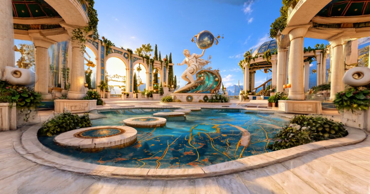 A sunlit terrace: a marble surfer rides a turquoise wave and holds a glass globe high above a pool with stepping stones, between gazebos and an arcade of blue-tiled arches.
