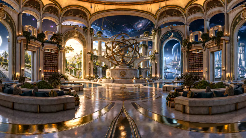 A library of tall bookcases around reflecting pools, with an armillary sphere at its centre and windows onto glowing cities.