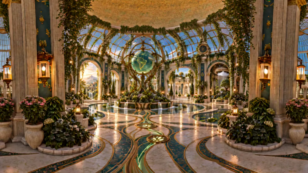 An atrium under a glass roof, with vine-covered arches, still pools and a small glowing globe at its centre.