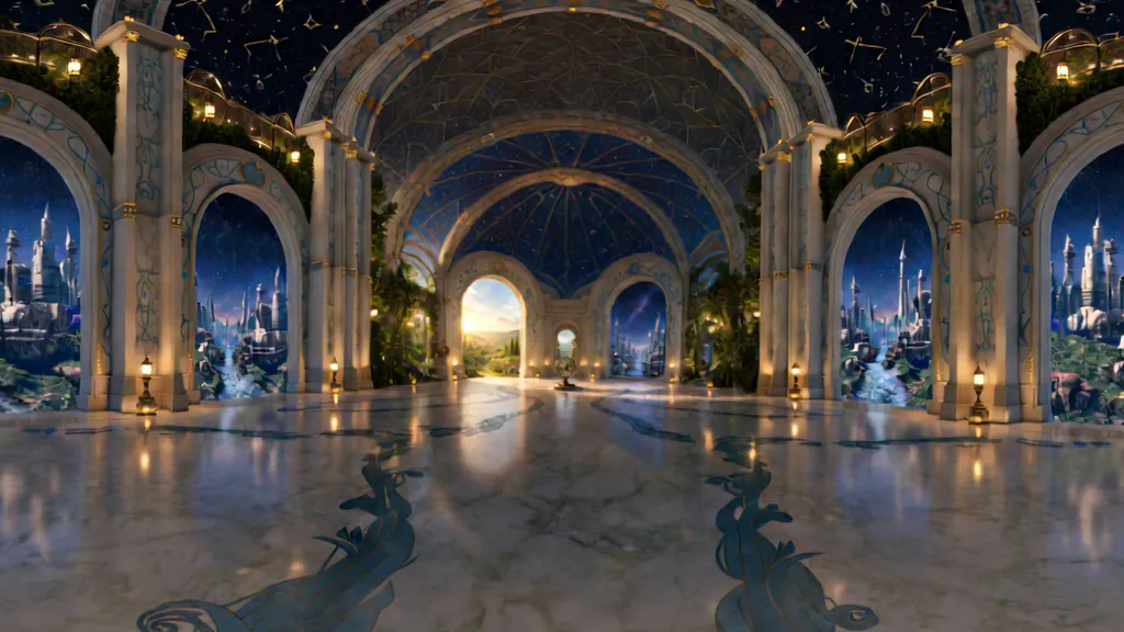 A long hall of pale arches under a starry vault, with an armillary sphere on a plinth and arched windows onto glowing cities.