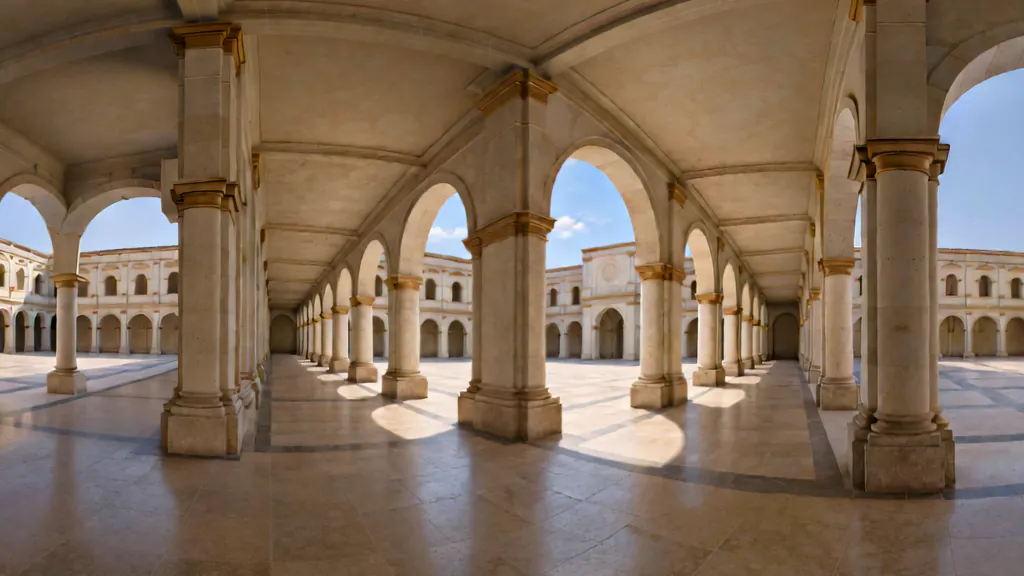 A cloister walk of white marble arches with gold capitals, opening onto a sunlit stone courtyard.