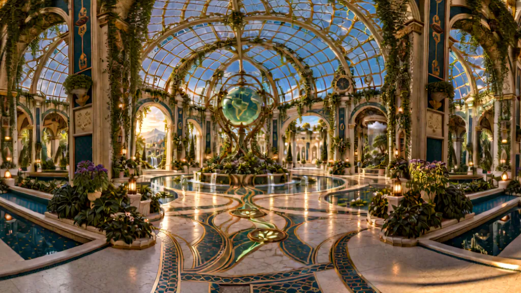 A glasshouse full of plants and still pools under a glass dome, with a globe inside a golden armillary sphere at its centre.