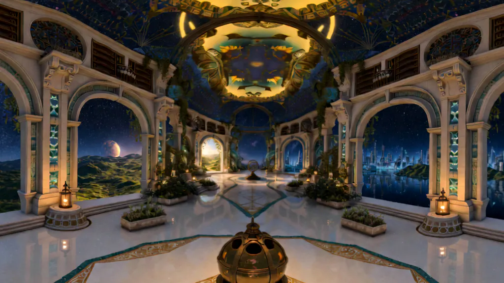 A hallway of white arches under a painted night sky, with arched windows onto glowing cities on both sides.