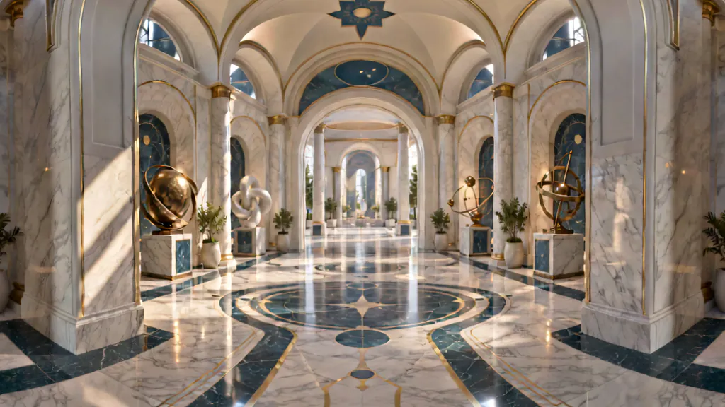 A long hall of white marble arches with bronze armillary spheres and sculptures on pedestals along both sides.