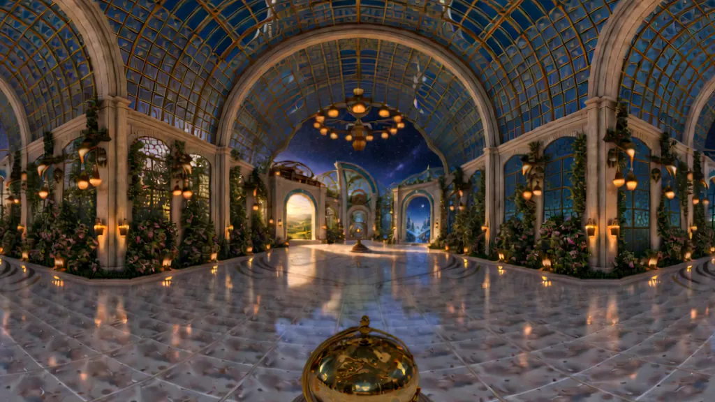 A cross-shaped court under a vaulted roof of glass and iron, with climbing roses, hanging lanterns and a golden sphere on a polished floor.