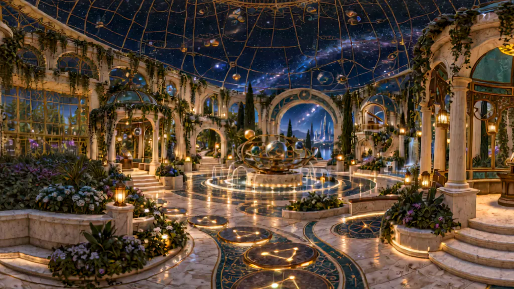 A great hall of flower beds and stone paths under a glass dome of stars, with a small pavilion.