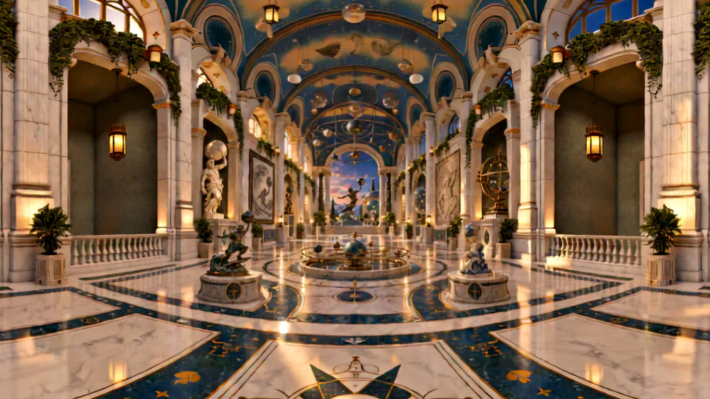 A long hall of cream marble arches and balconies with hanging lanterns and a floor inlaid with blue and gold stars.