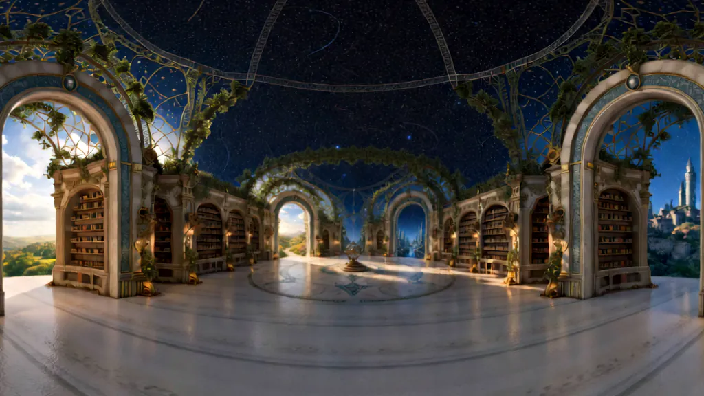 A round library of carved wooden bookcases between marble arches, under a dark blue dome of stars, with arched windows onto green hills.