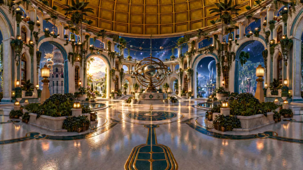 A golden hall with a painted dome open to the night sky, pools of blue water and windows onto crystal cities.