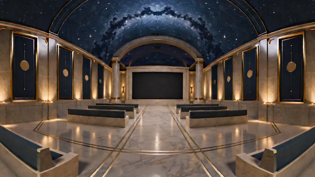 A small theater with rows of benches facing a dark screen on a stage, under a vaulted ceiling painted with stars.