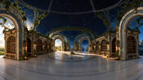 A round library of carved bookcases under a starry glass dome.